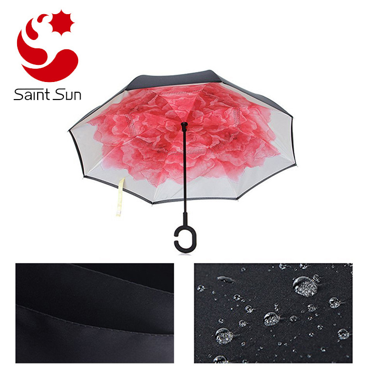 OEM Custom logo Stylish umbrellaS free C shaped handle creative double reverse long handle umbrella