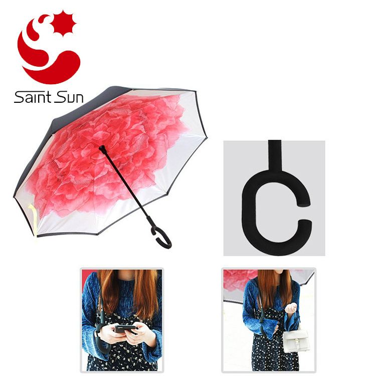 OEM Custom logo Stylish umbrellaS free C shaped handle creative double reverse long handle umbrella