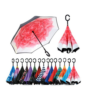 OEM Custom logo Stylish umbrellaS free C shaped handle creative double reverse long handle umbrella