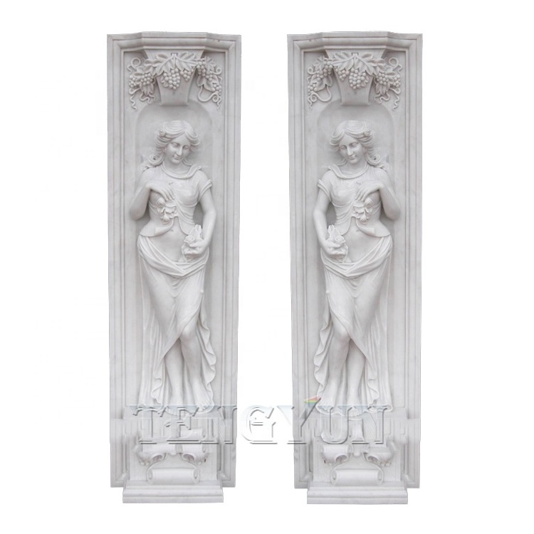 Modern marble stone gate pillar design hand carved stone girl statue white marble female pillar for homes