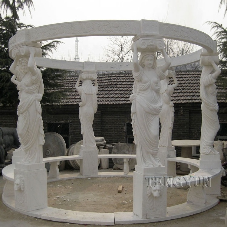 Hand carved outdoor life size marble round gazebo stone pavilion with metal roof for park decoration