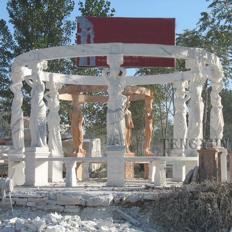 Hand carved outdoor life size marble round gazebo stone pavilion with metal roof for park decoration