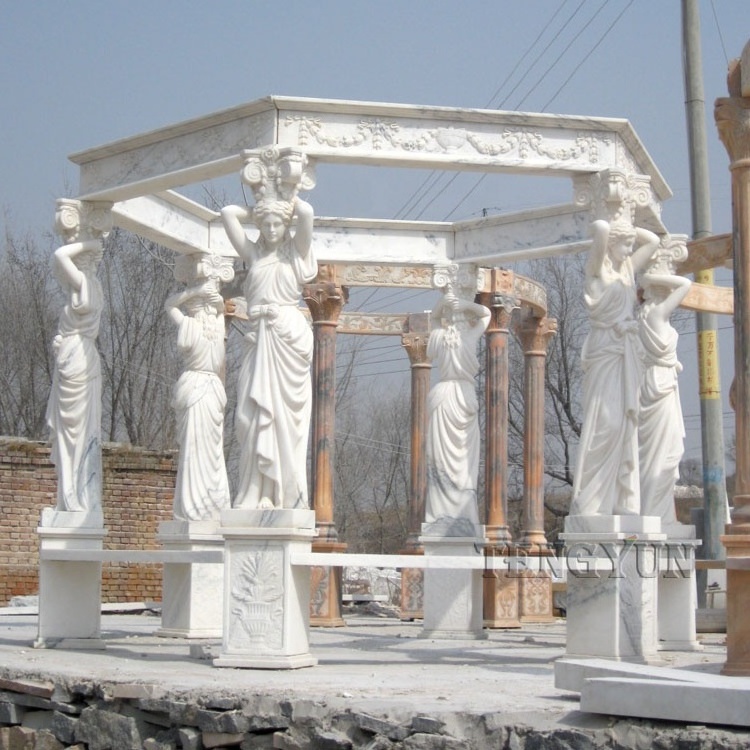 Hand carved outdoor life size marble round gazebo stone pavilion with metal roof for park decoration