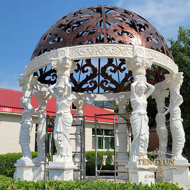 Hand carved outdoor life size marble round gazebo stone pavilion with metal roof for park decoration