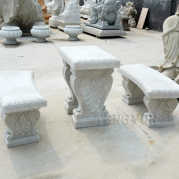 Garden outdoor decorative stone hand carved white marble table and benches for sale