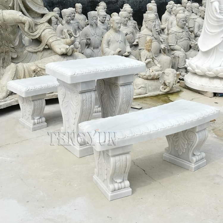 Garden outdoor decorative stone hand carved white marble table and benches for sale