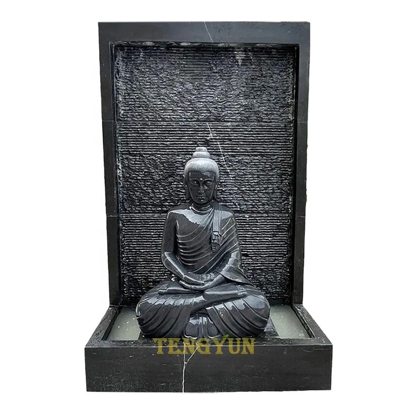 Outdoor natural stone black marble carved Buddha fountains statue wall water feature