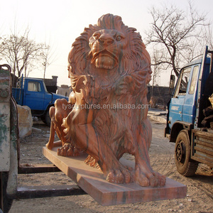 Large hand carved red marble animal life size stone western sitting lion sculpture