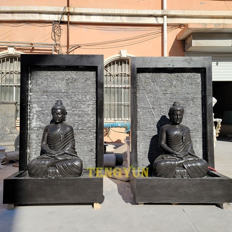 Outdoor natural stone black marble carved Buddha fountains statue wall water feature