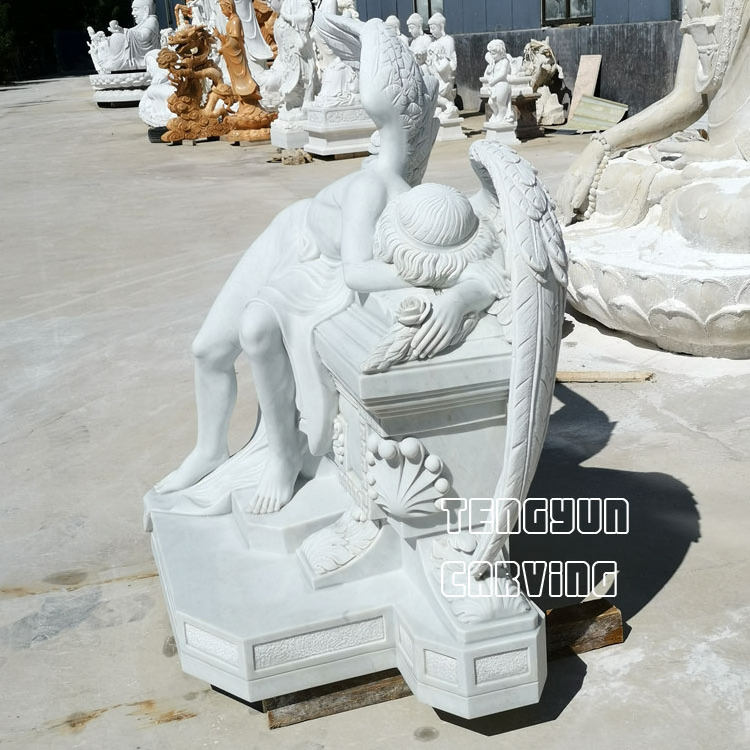 Carved white marble weeping angel headstone statues of angels for cemeteries