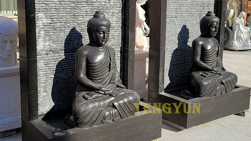 Outdoor natural stone black marble carved Buddha fountains statue wall water feature