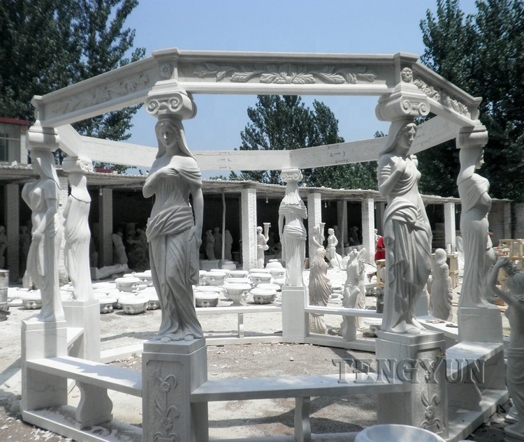 Hand carved garden white marble stone female column pavilion outdoor gazebo with statue