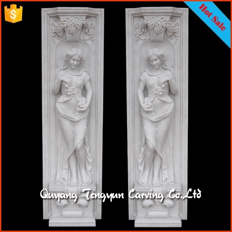 Modern marble stone gate pillar design hand carved stone girl statue white marble female pillar for homes