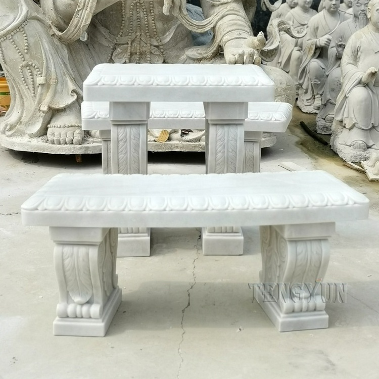 Garden outdoor decorative stone hand carved white marble table and benches for sale