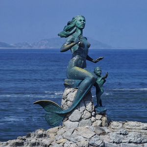 Shoreside decorative metal nude mermaid sculptures with baby statue life size mermaid bronze statue