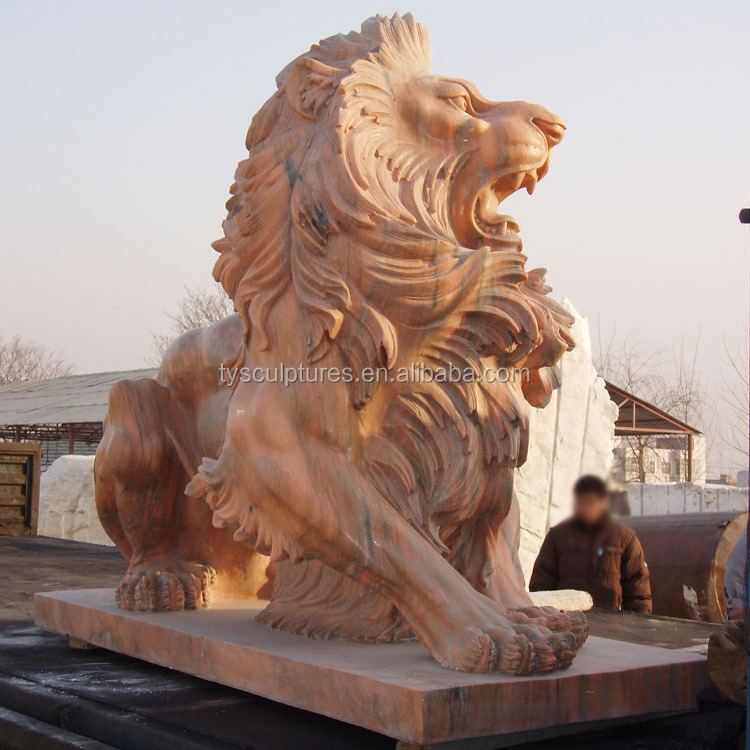 Large hand carved red marble animal life size stone western sitting lion sculpture