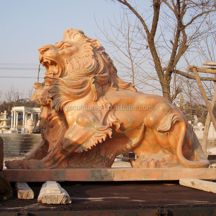 Large hand carved red marble animal life size stone western sitting lion sculpture