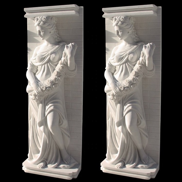 Modern marble stone gate pillar design hand carved stone girl statue white marble female pillar for homes