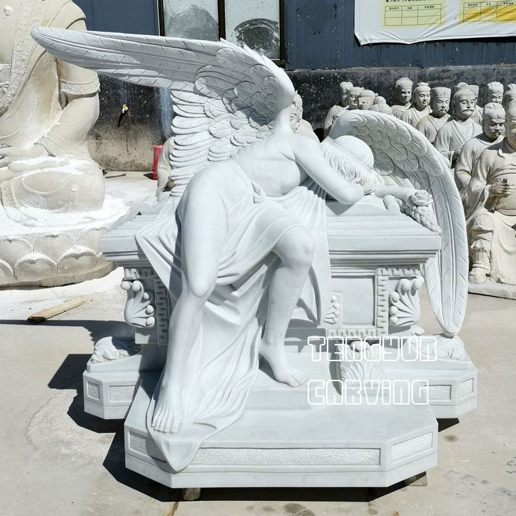 Carved white marble weeping angel headstone statues of angels for cemeteries