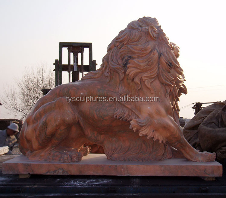 Large hand carved red marble animal life size stone western sitting lion sculpture