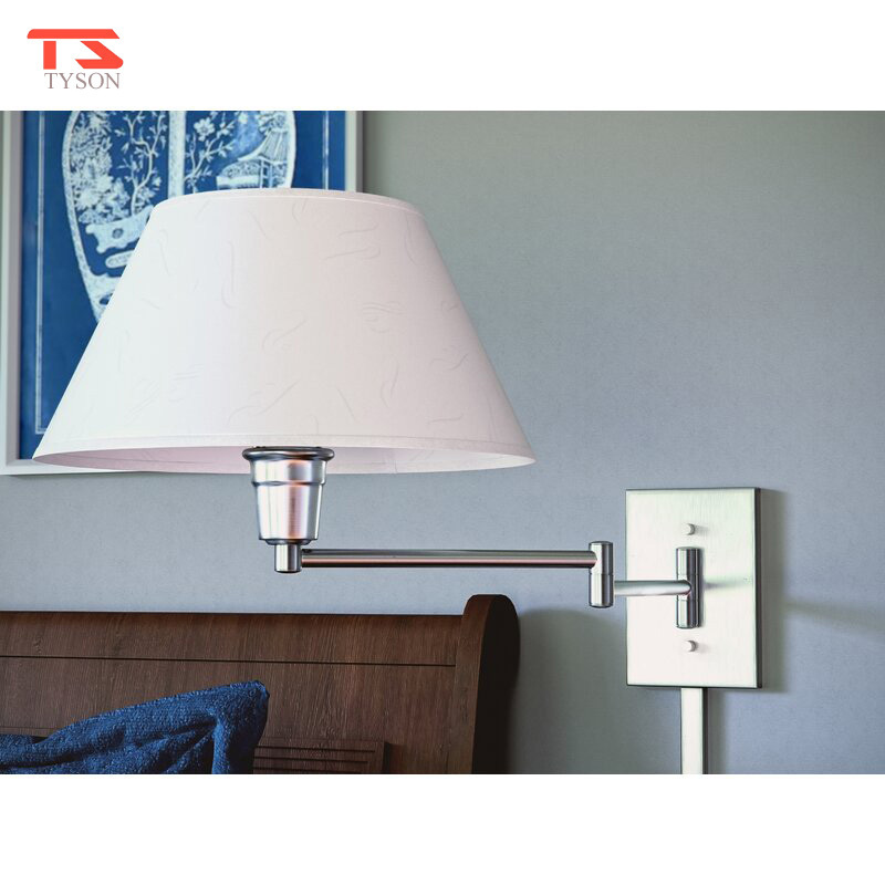 High Quality Simple Living Room Dimmable Fabric Shade Swing Arm Bedside  Wall Lamp For Hotel