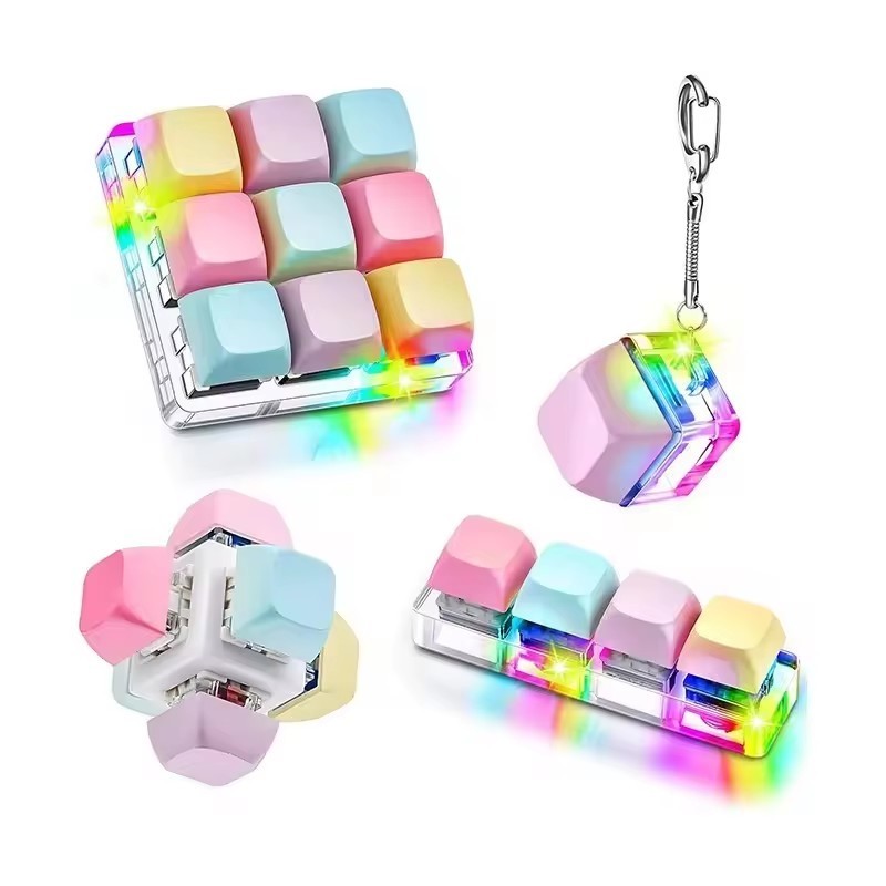 Keyboard Fidget Toys Adult Finger Fidget Clicker Keychain  LED Light 4 Key Light Up Mechanical Keyboard Keychain