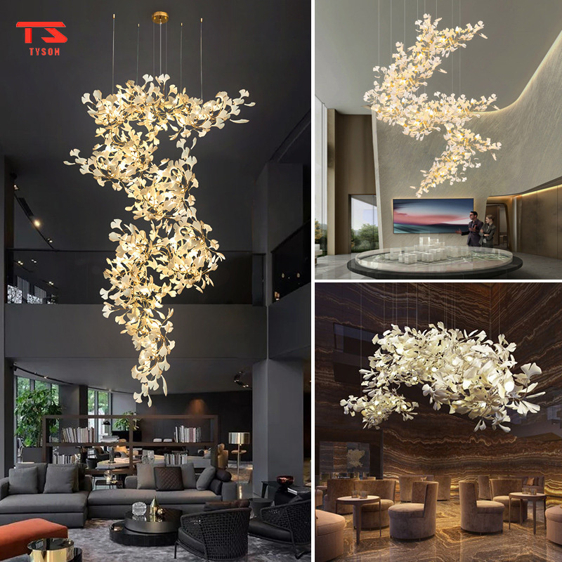 Custom Project Indoor Decoration Fixture Hotel Villa Home Shop Ginkgo Leaf Ceramics Plastic Glass  Luxury Chandelier