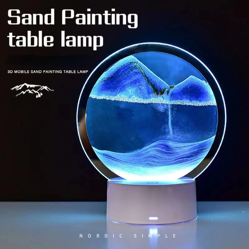 Round Quicksand Painting Glass Craft Gift Creative Home Decoration 3D Stereo Art Hourglass Quicksand Table Lamp