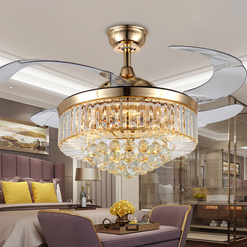 Luxury Golden Led Chandelier Lighting Remote Control Fancy Pendant Lamp Home Hotel Modern Smart Ceiling Fan With Light