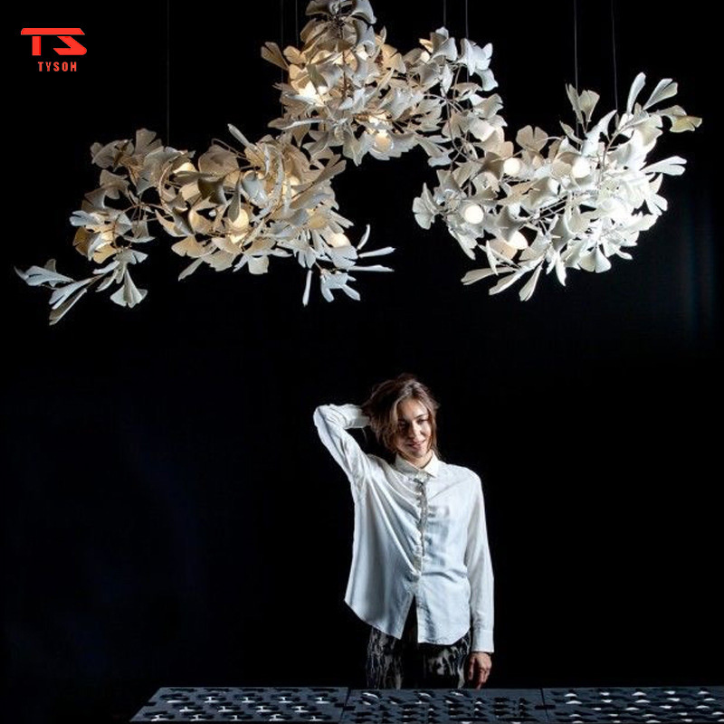 Custom Project Indoor Decoration Fixture Hotel Villa Home Shop Ginkgo Leaf Ceramics Plastic Glass  Luxury Chandelier