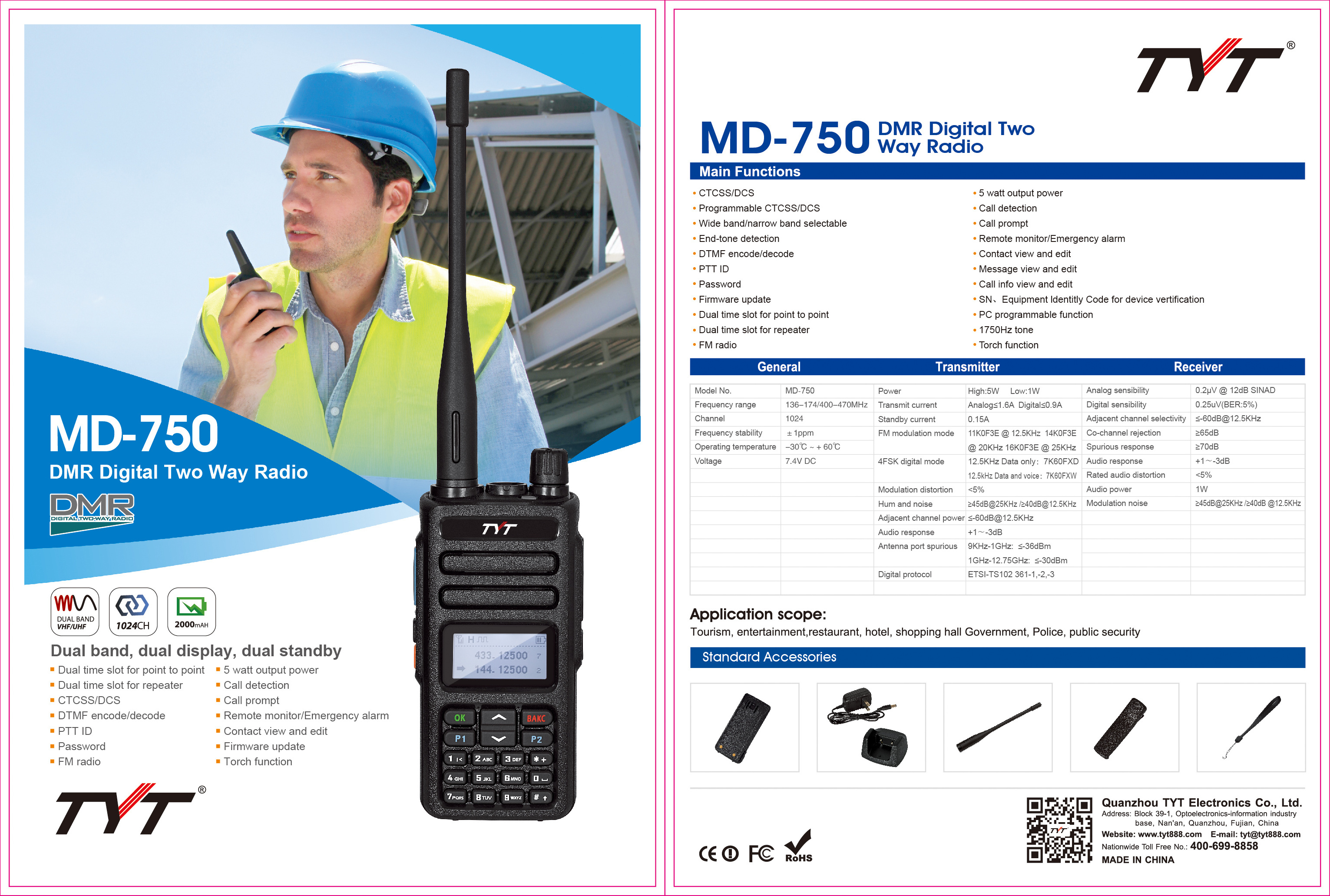 TYT MD-750 cheap dual band 1024 channels dmr digital radio talkie walkie radio dmr