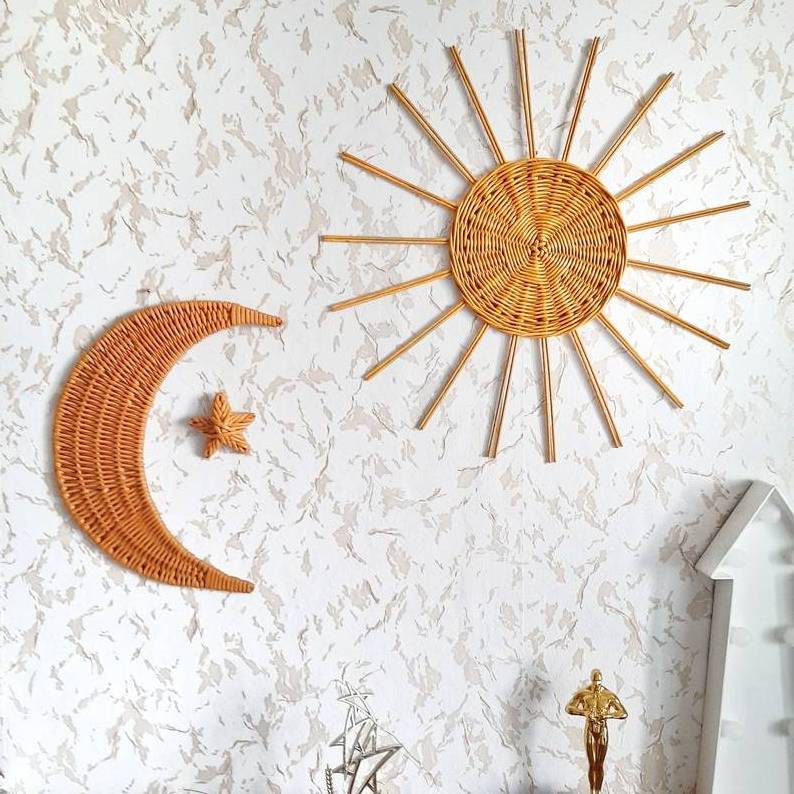 Hot Wicker Sun and Moon wall hanging Decor For Kid's ROom Boho wall decoration baskets Wholesale