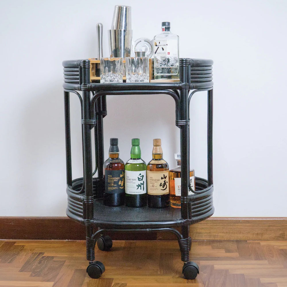 Round Rattan Bar Carts Drink Trolley 2 Tier Bar and Drinks Cart Trolley Natural or Black handmade in Vietnam