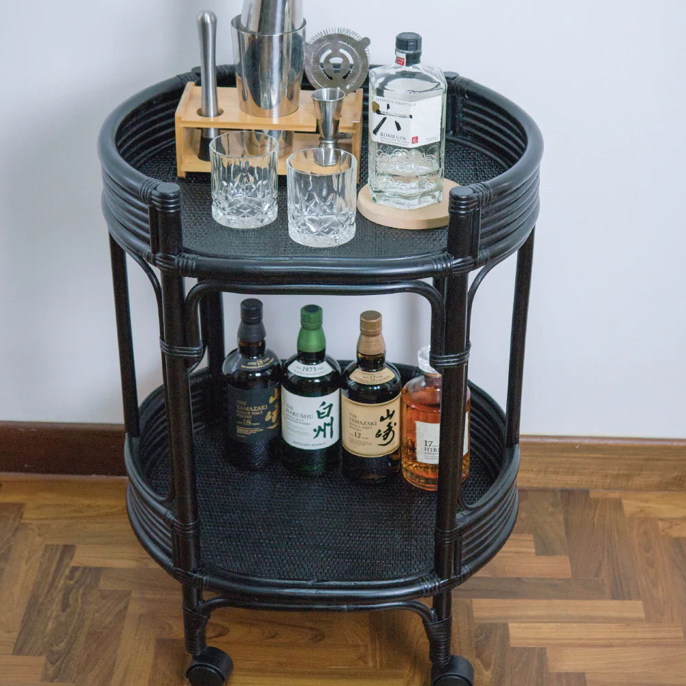 Round Rattan Bar Carts Drink Trolley 2 Tier Bar and Drinks Cart Trolley Natural or Black handmade in Vietnam