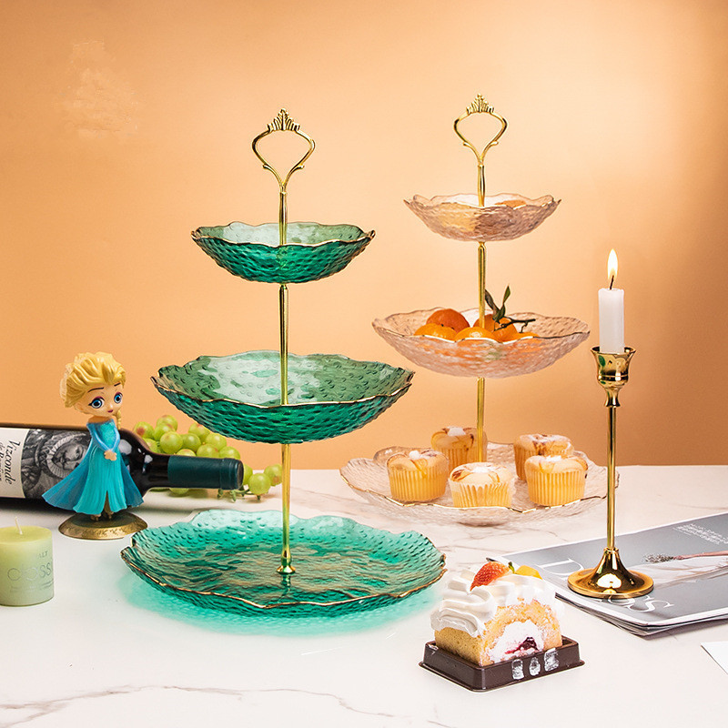 Luxury crystal three-layer string glass plate set with gold rim creative home use dessert candy fruit glass plates