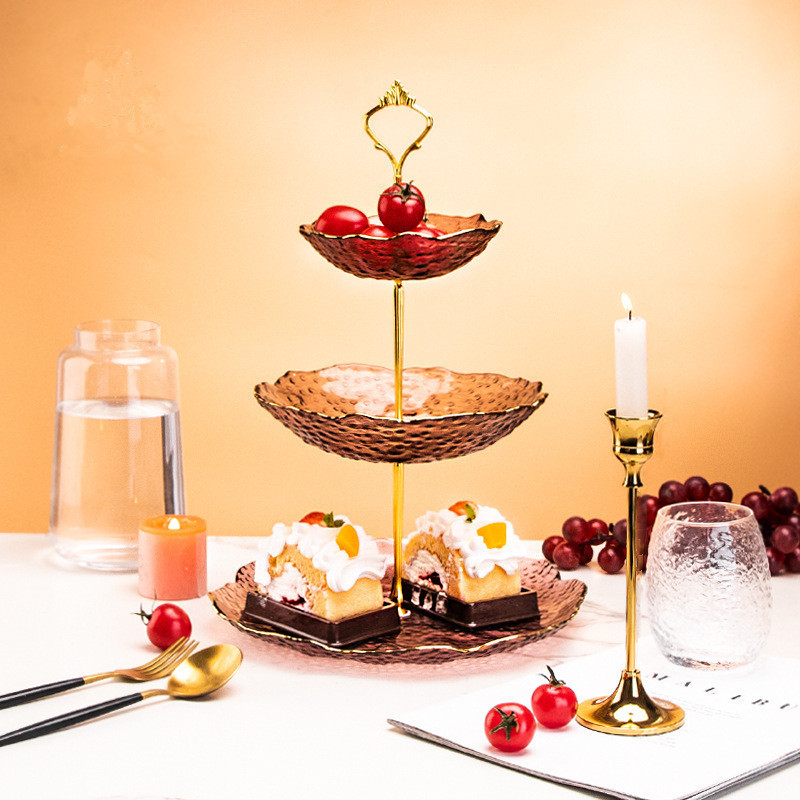 Luxury crystal three-layer string glass plate set with gold rim creative home use dessert candy fruit glass plates