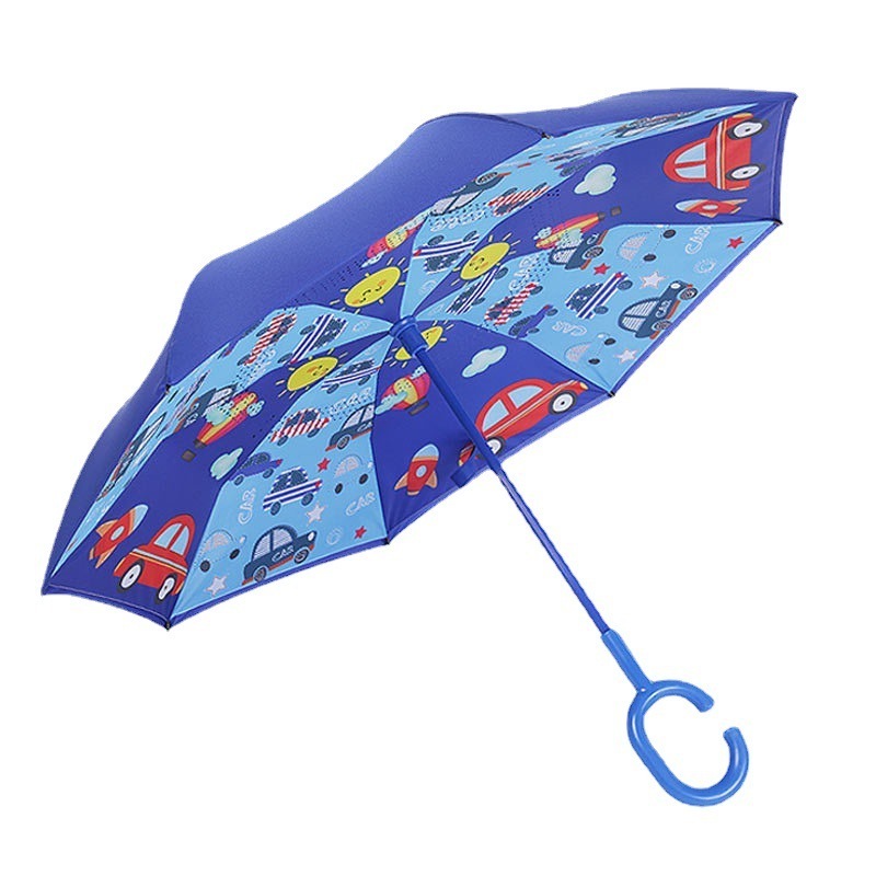 Fast delivery kid promotional market custom c handle reversible umbrella with logo printing