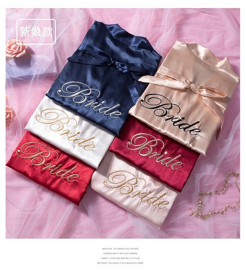 Low moq bulk wholesale custom logo cheap champagne bridesmaid solid silk satin robes for women