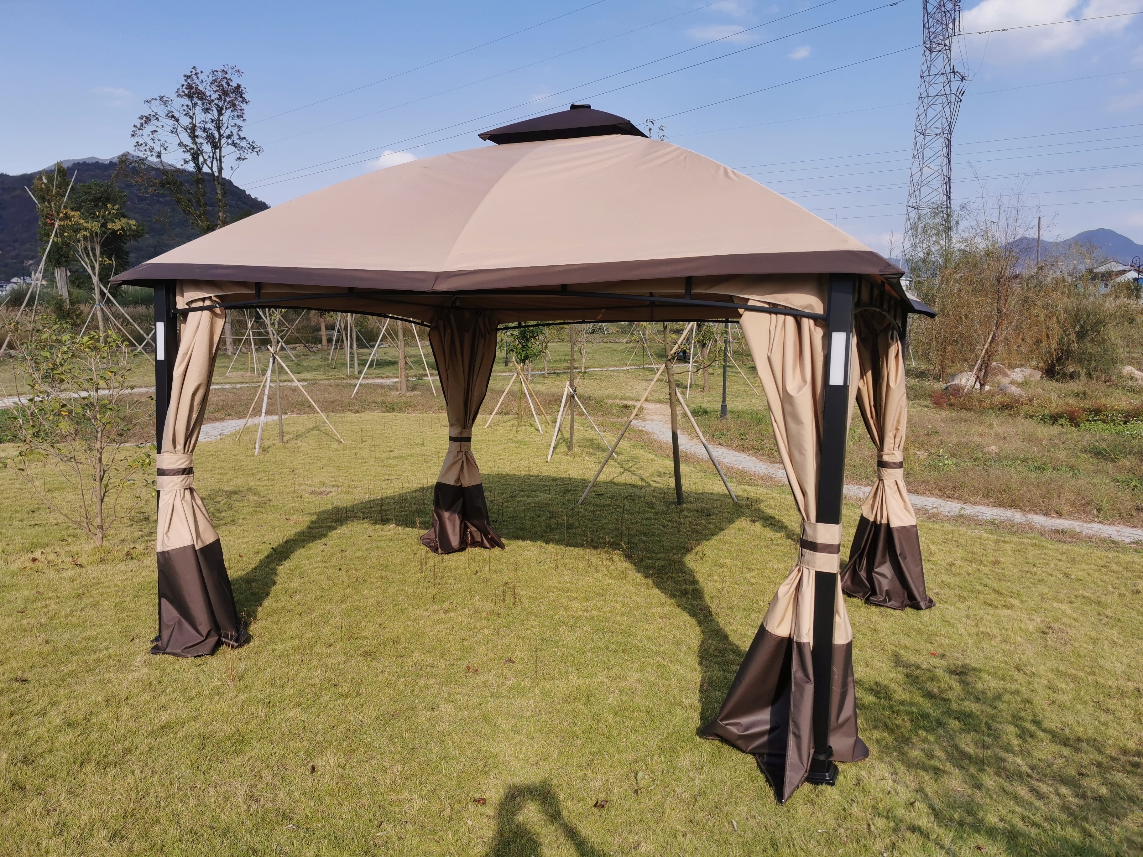 Hot Selling  Aluminum Manufacture Outdoor Electric LED Pergola BBQ Garden Tent Roman Soft Top Gazebos with Bug Net