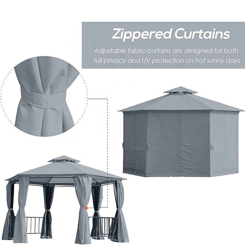 L Jardin Gazebo Double Roof Hexagon Canopy Shelter with Curtain Gazebo Outdoor