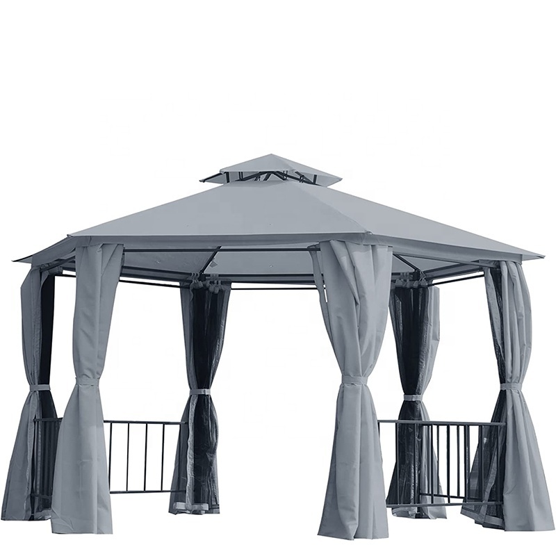 L Jardin Gazebo Double Roof Hexagon Canopy Shelter with Curtain Gazebo Outdoor