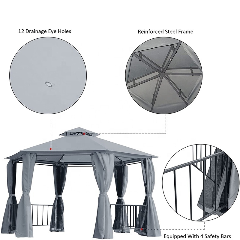 L Jardin Gazebo Double Roof Hexagon Canopy Shelter with Curtain Gazebo Outdoor