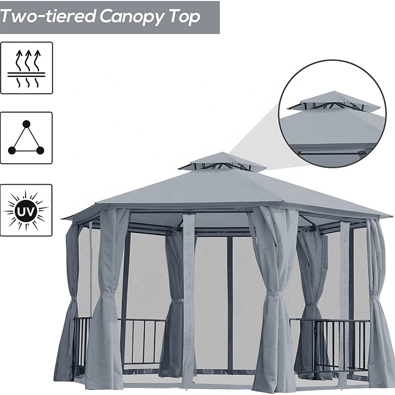 L Jardin Gazebo Double Roof Hexagon Canopy Shelter with Curtain Gazebo Outdoor