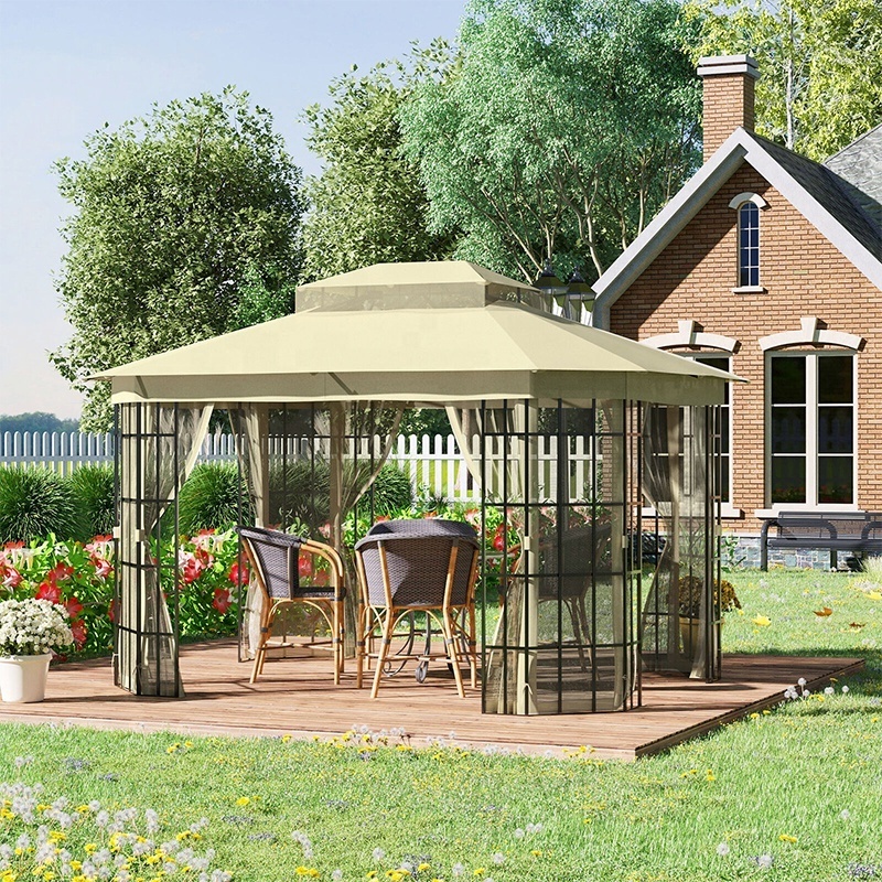 10X12 ft Garden Double Roof Canopy Shelter Double Tier Roof With Netting Screen Outdoor  Gazebo