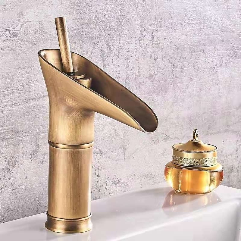 European Style Retro Waterfall Wine Glass Sink Faucet Antique Brass Basin Mixer Taps Hot And Cold Mixer Bathroom Basin Faucet