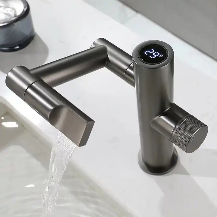 New Arrival Gun Gray Universal Rotating Robot Arm Bathroom Tap Hot And Cold Water Basin Faucets With Digital Display