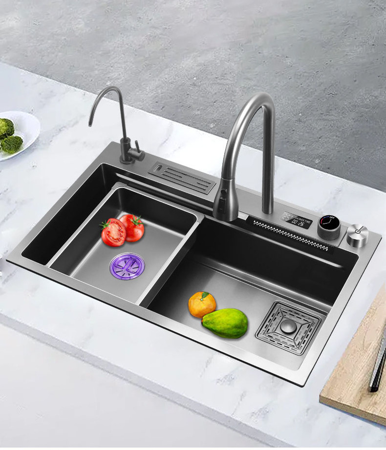 Multi-Function Handmade Kitchen Sink Sets Stainless Steel Waterfall Kitchen Sink With Flying Rainfall Faucet