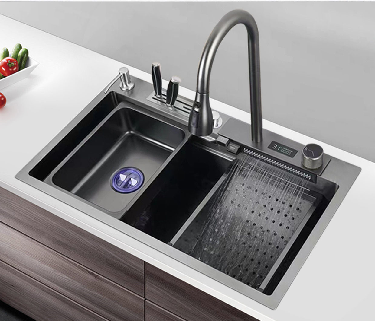 Multi-Function Handmade Kitchen Sink Sets Stainless Steel Waterfall Kitchen Sink With Flying Rainfall Faucet