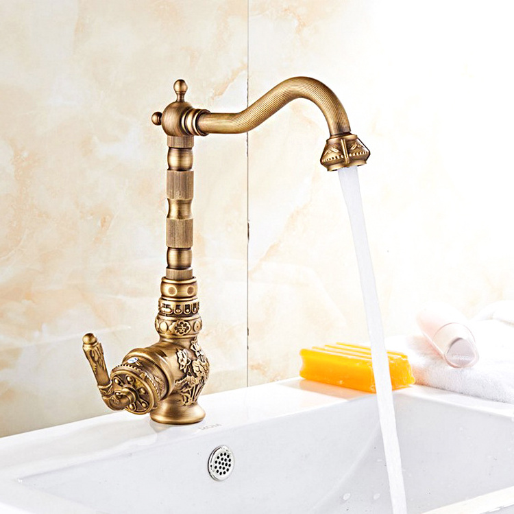 Single Handle European Antique Finish Brass Hot And Cold Basin Faucet For Bathroom