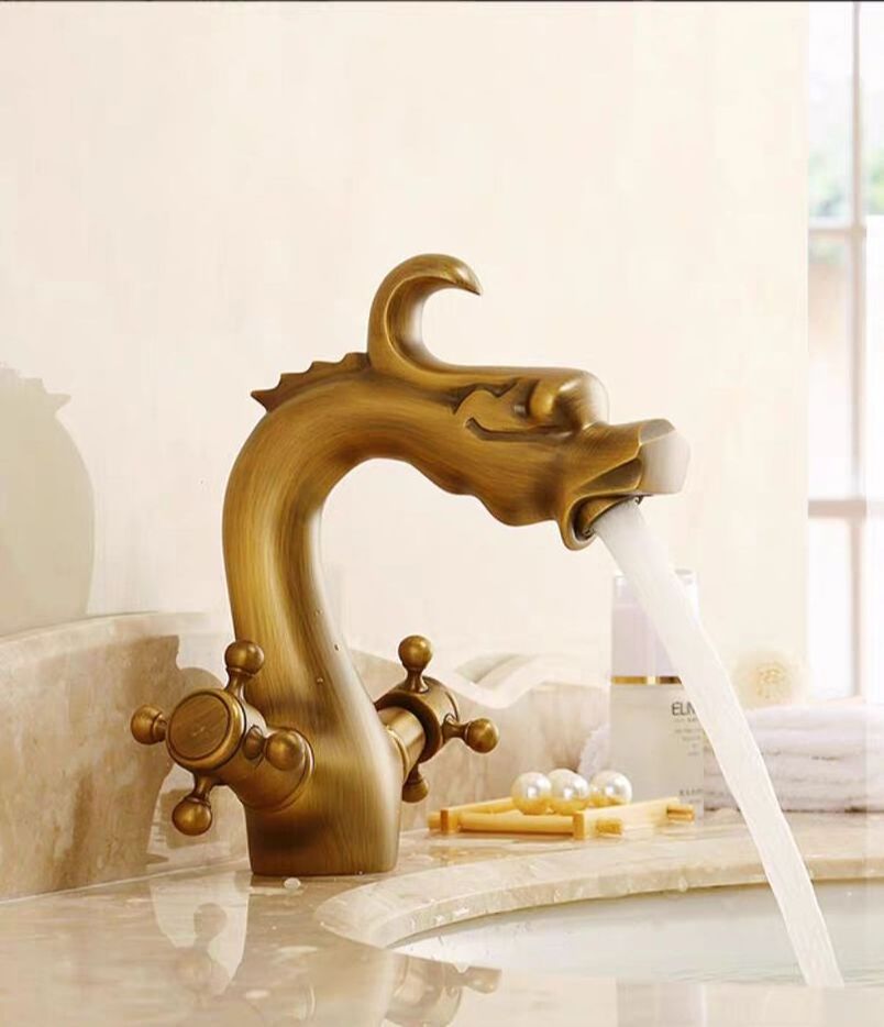 European Faucet Wholesalers China Basin Mixer Taps Antique Brass Dragon Shaped Double Handle Bathroom Basin Faucet